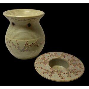 Handcrafted Ceramic Oil Warmer With Lid - Floral Design - 5.5" Tall - Beige & Re